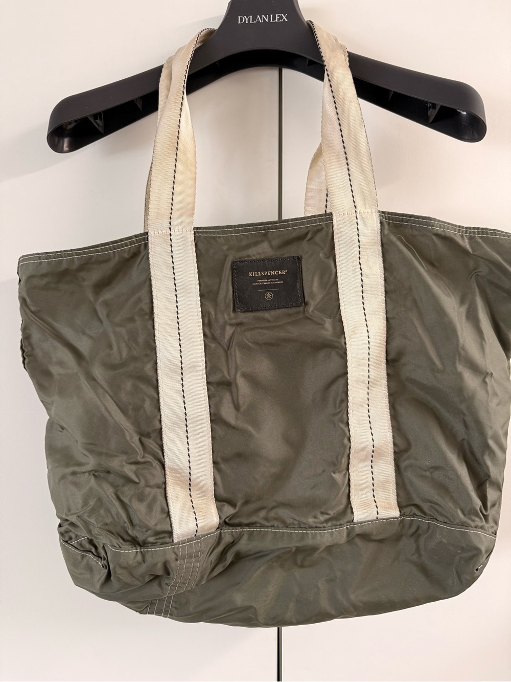 Olive Nylon Tote with Cream Webbed Handles
